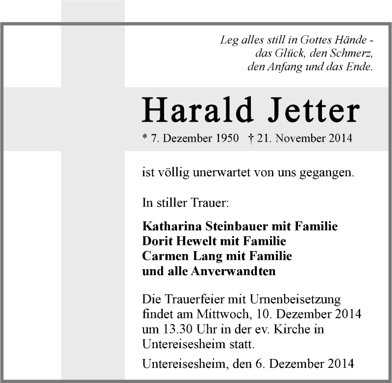  Traueranzeige für Harald Jetter vom 06.12.2014 aus 