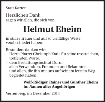 Traueranzeige von Helmut Eheim 