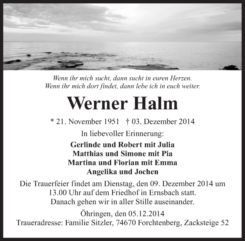  Traueranzeige für Werner Halm vom 06.12.2014 aus 