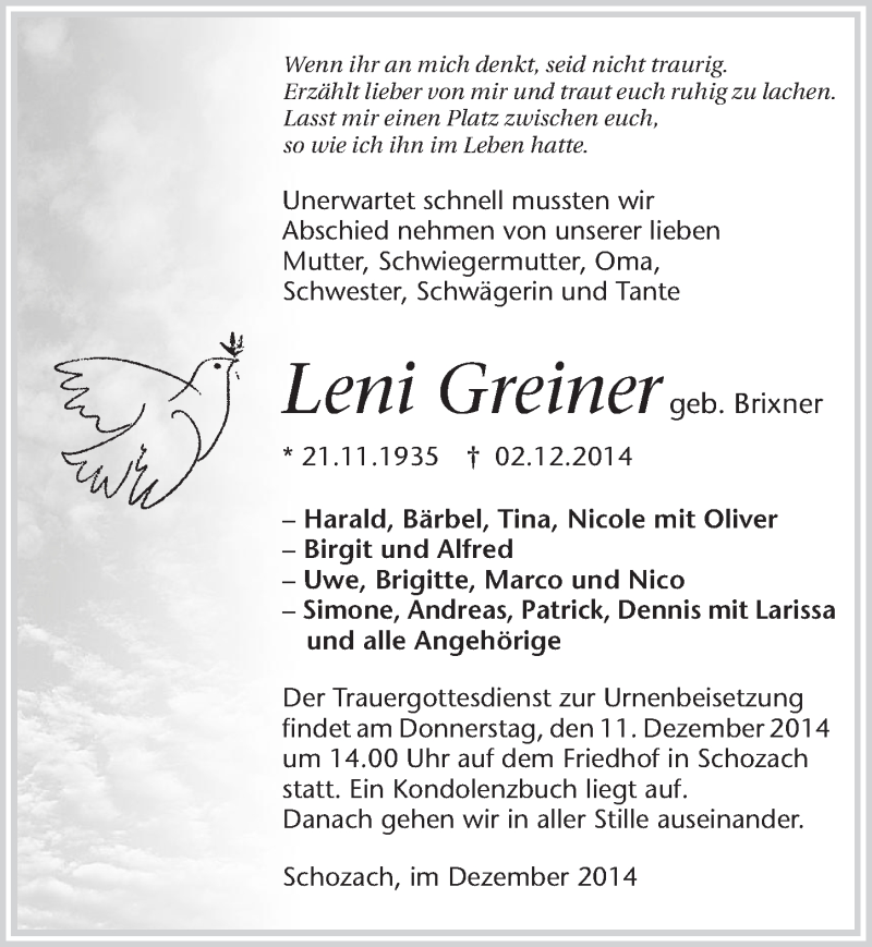  Traueranzeige für Leni Greiner vom 06.12.2014 aus 
