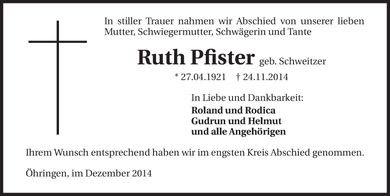 Traueranzeige für Ruth Pfister vom 10.12.2014 aus 