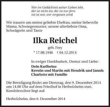 Traueranzeige von Ilka Reichel 