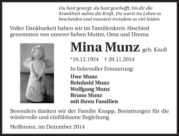 Traueranzeige von Mina Munz 