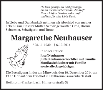 Traueranzeige von Margarethe Neuhauser 