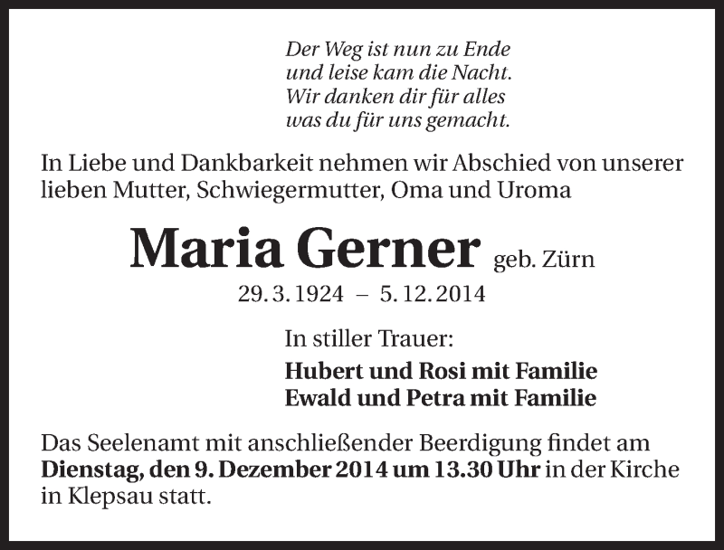  Traueranzeige für Maria Gerner vom 08.12.2014 aus 