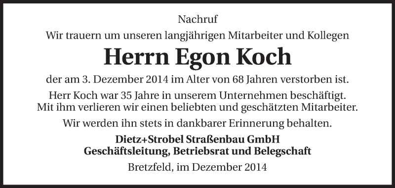  Traueranzeige für Egon Koch vom 09.12.2014 aus 