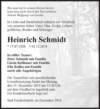 Traueranzeige von Heinrich Schmidt 