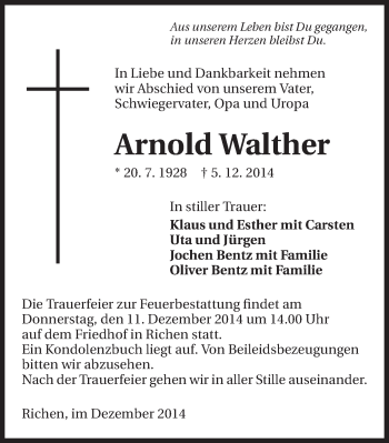 Traueranzeige von Arnold Walther 