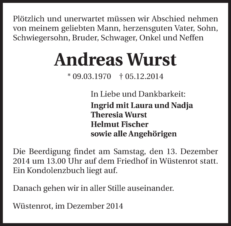  Traueranzeige für Andreas Wurst vom 10.12.2014 aus 