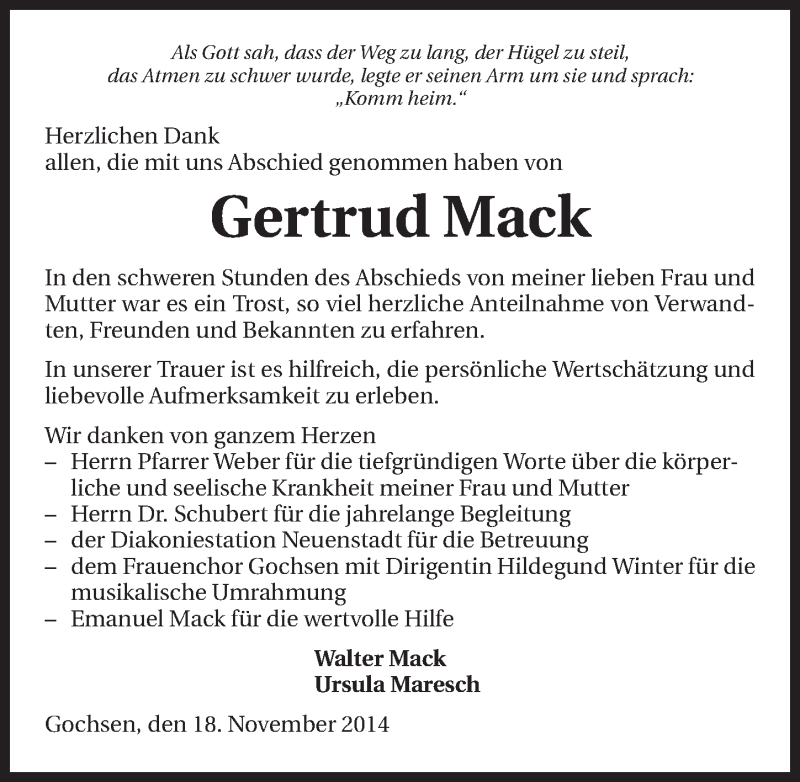  Traueranzeige für Gertrud Mack vom 11.12.2014 aus 