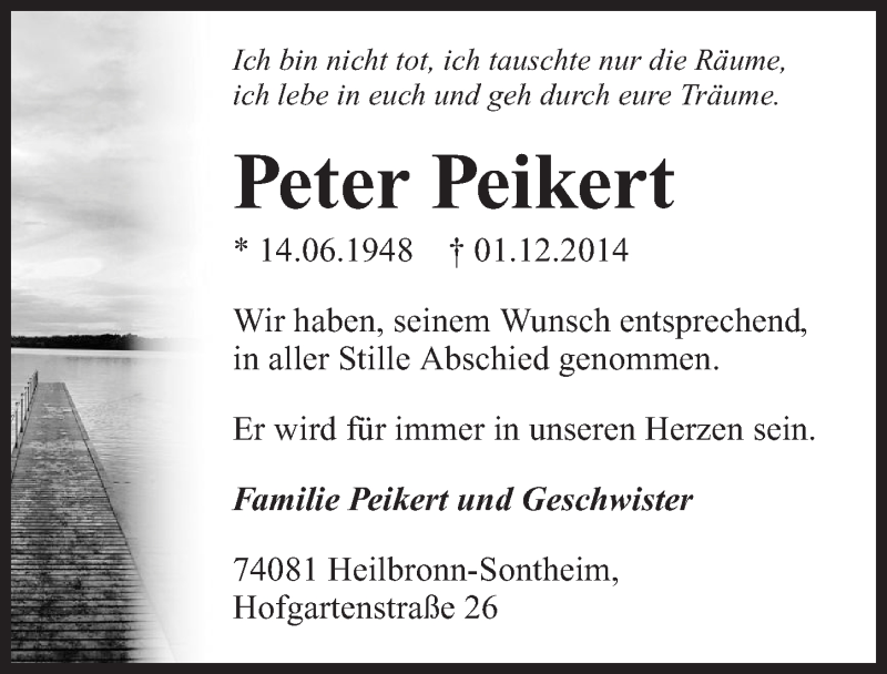  Traueranzeige für Peter Peikert vom 13.12.2014 aus 