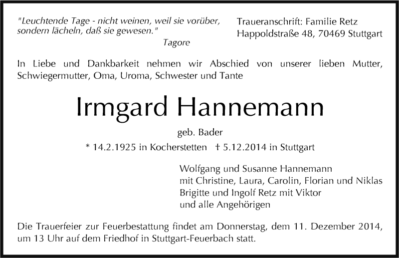  Traueranzeige für Irmgard Hannemann vom 09.12.2014 aus 