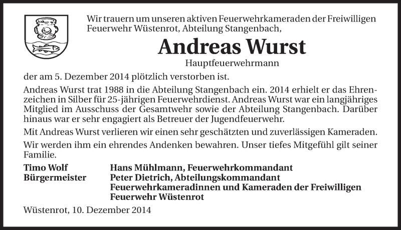  Traueranzeige für Andreas Wurst vom 10.12.2014 aus 
