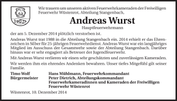 Traueranzeige von Andreas Wurst 