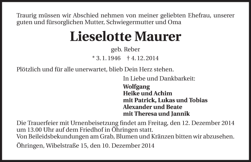 Traueranzeige für Lieselotte Maurer vom 10.12.2014 aus 