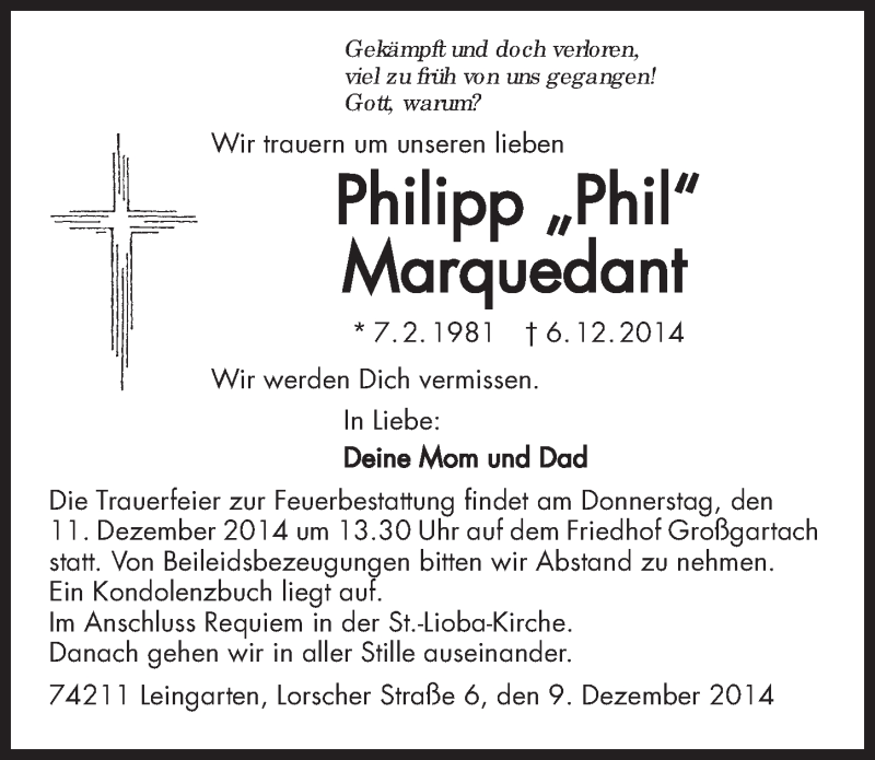  Traueranzeige für Philipp Marquedant vom 09.12.2014 aus 