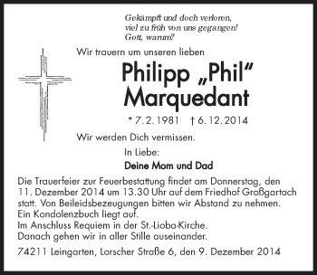 Traueranzeige von Philipp Marquedant 