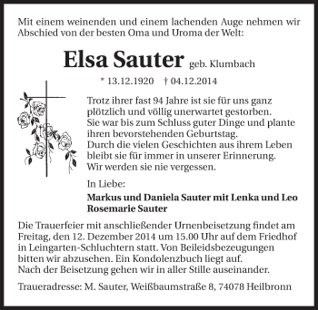 Traueranzeige von Elsa Sauter 