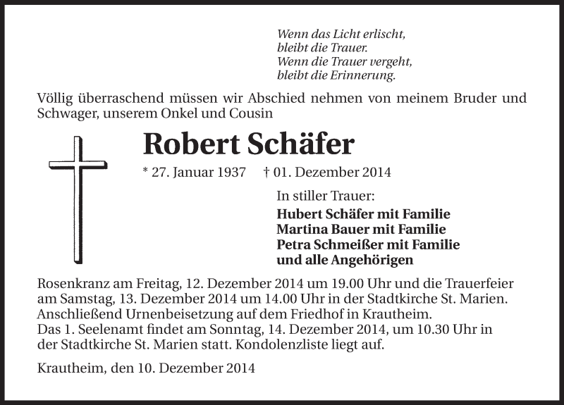  Traueranzeige für Robert Schäfer vom 10.12.2014 aus 