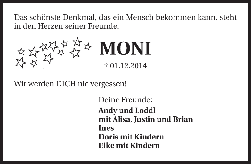  Traueranzeige für Moni  vom 09.12.2014 aus 