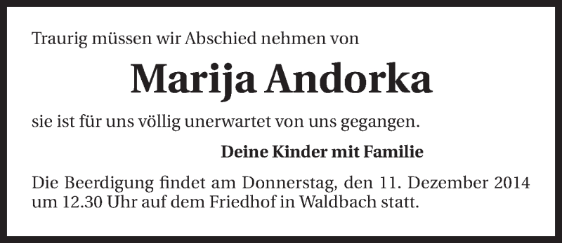  Traueranzeige für Marija Andorka vom 09.12.2014 aus 