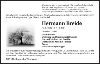 Traueranzeige von Hermann Breide 