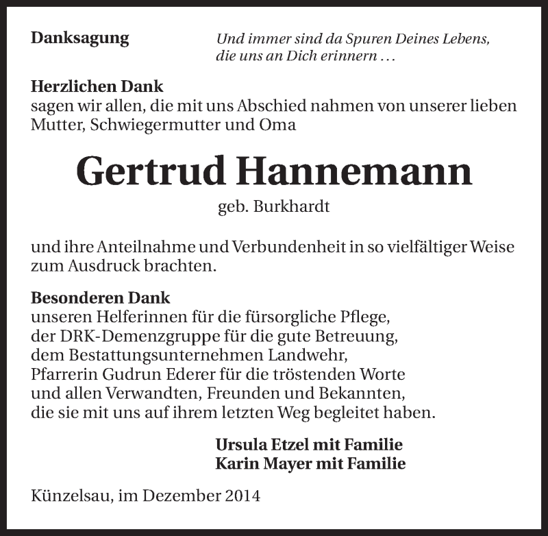  Traueranzeige für Gertrud Hannemann vom 10.12.2014 aus 
