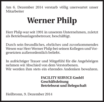 Traueranzeige von Werner Philp 