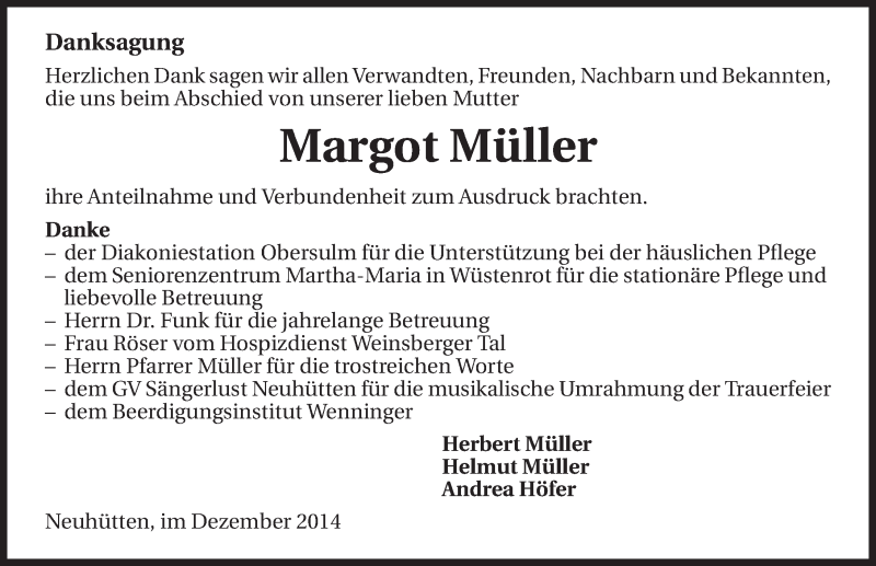  Traueranzeige für Margot Müller vom 13.12.2014 aus 