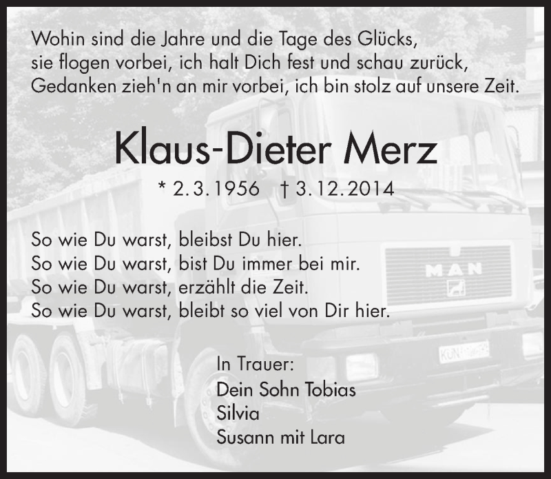  Traueranzeige für Klaus-Dieter Merz vom 10.12.2014 aus 
