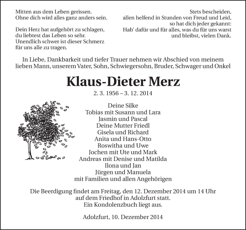  Traueranzeige für Klaus-Dieter Merz vom 10.12.2014 aus 