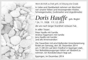 Traueranzeige von Doris Hauffe 
