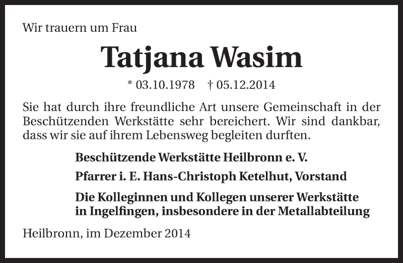  Traueranzeige für Tatjana Wasim vom 10.12.2014 aus 