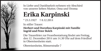 Traueranzeige von Erika Karpinski 