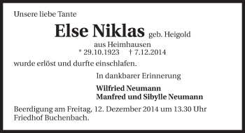 Traueranzeige von Else Niklas 