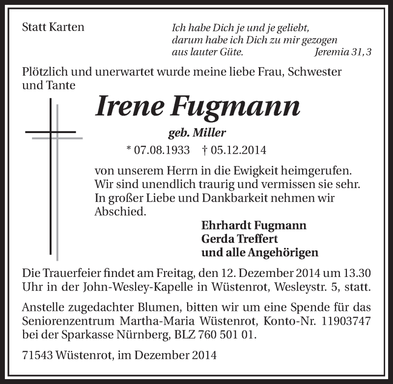  Traueranzeige für Irene Fugmann vom 10.12.2014 aus 