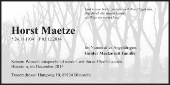 Traueranzeige von Horst Maetze 