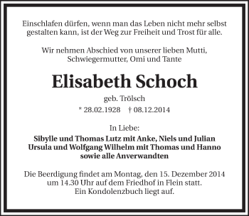 Traueranzeige von Elisabeth Schoch 