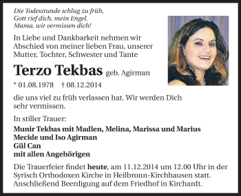 Traueranzeige von Terzo Tekbas 