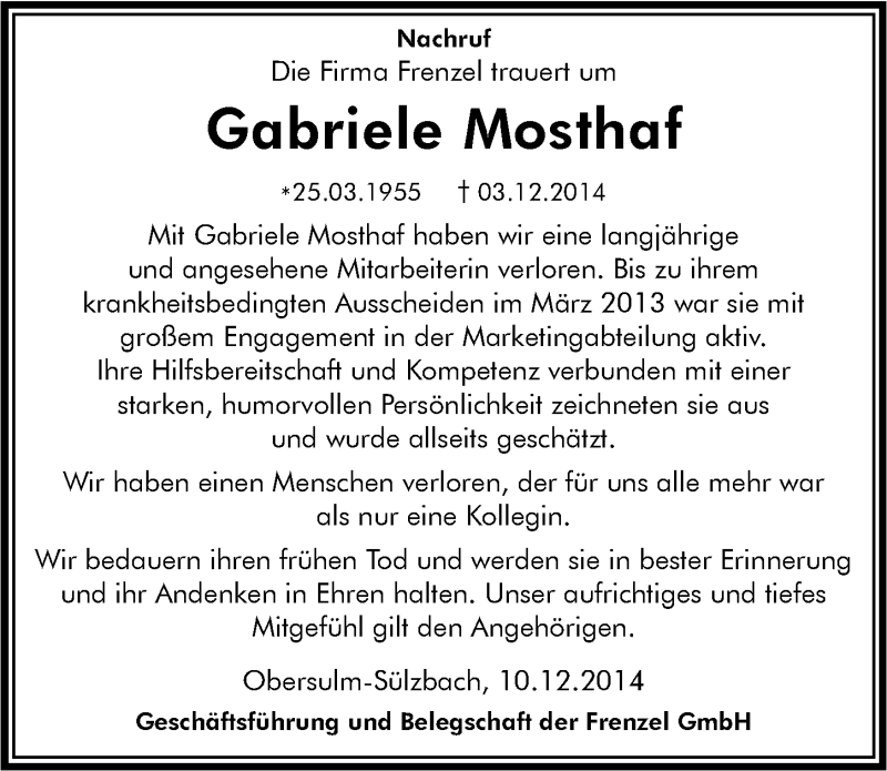  Traueranzeige für Gabriele Mosthaf vom 11.12.2014 aus 
