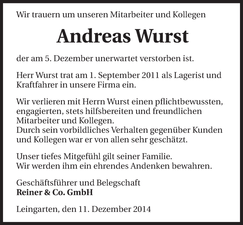  Traueranzeige für Andreas Wurst vom 11.12.2014 aus 