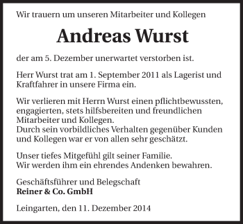 Traueranzeige von Andreas Wurst 