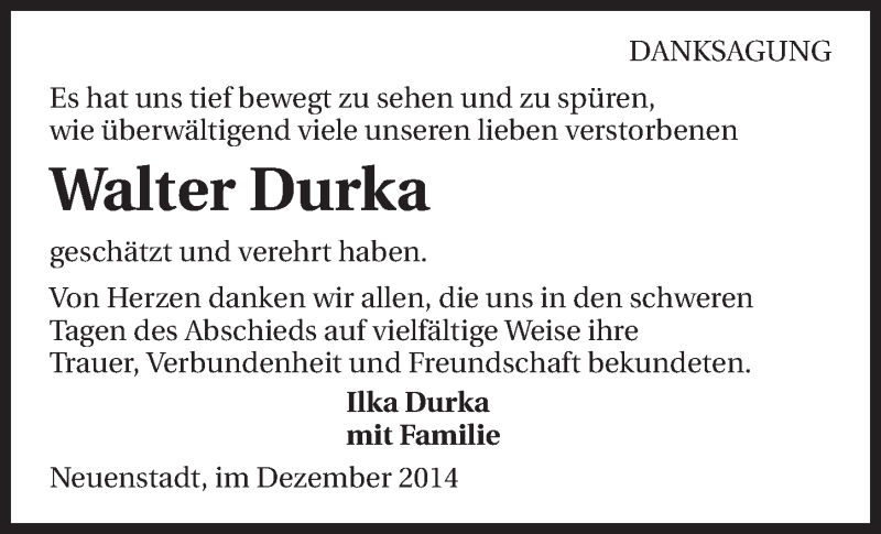  Traueranzeige für Walter Durka vom 13.12.2014 aus 