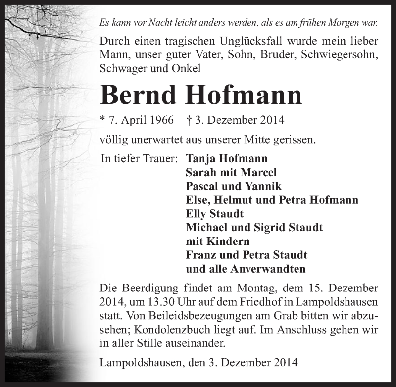 Traueranzeige für Bernd Hofmann vom 12.12.2014 aus 