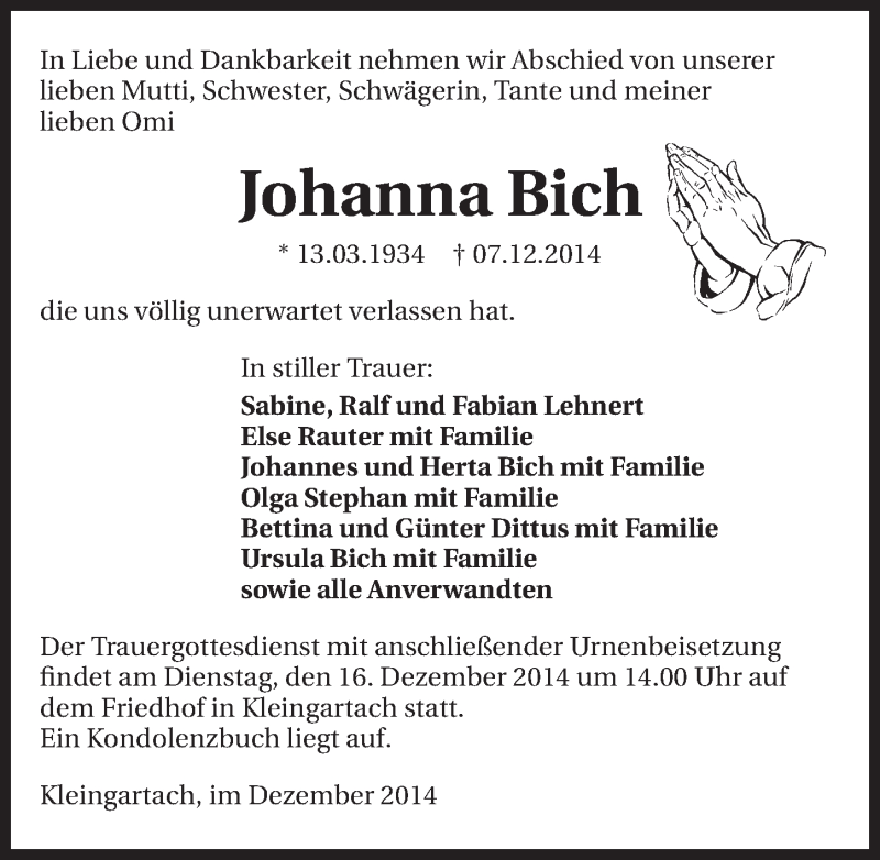  Traueranzeige für Johanna Bich vom 12.12.2014 aus 