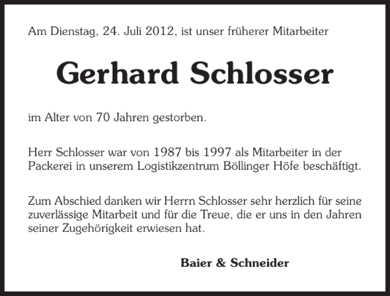  Traueranzeige für Gerhard Schlosser vom 31.07.2012 aus 