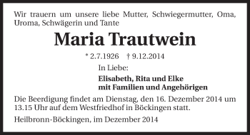 Traueranzeige von Maria Trautwein 