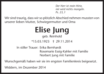 Traueranzeige von Elise Jung 