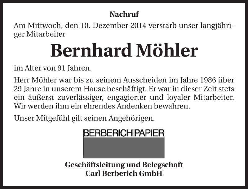  Traueranzeige für Bernhard Möhler vom 12.12.2014 aus 