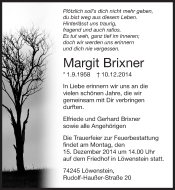 Traueranzeige von Margit Brixner 